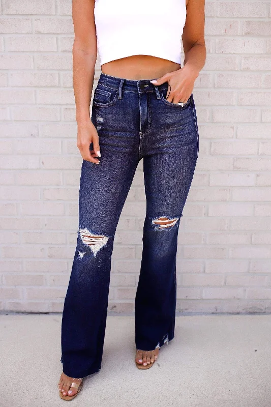 Retro Lace Fabric Cassandra High Rise Control Top Distressed Flare Jeans