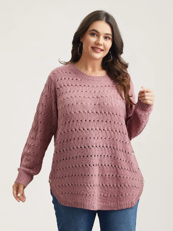 Street Letter Style Cut-Out Buttons Round Neck Pullover