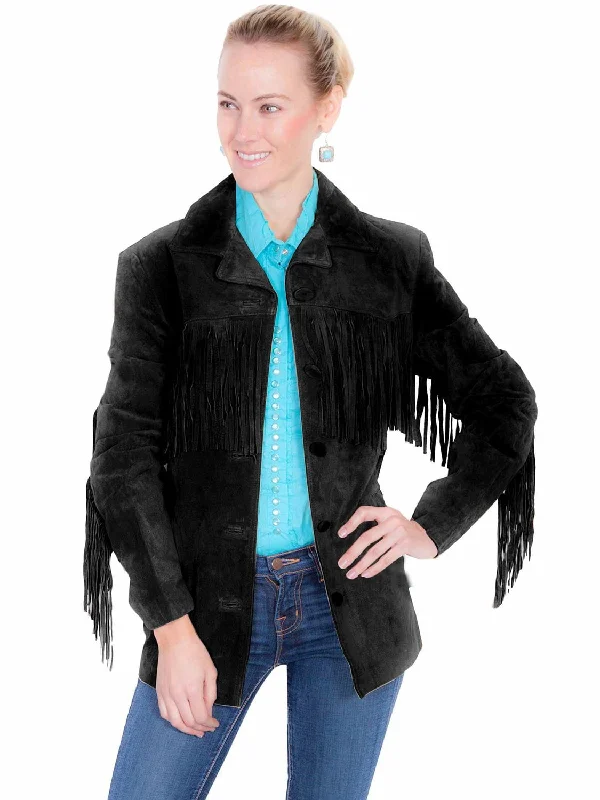 Retro Design Scully Womens Notched Lapel Fringe Black Leather Leather Jacket XXL