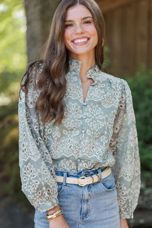 Boutique style Can't Get Away Dark Sage Eyelet Blouse
