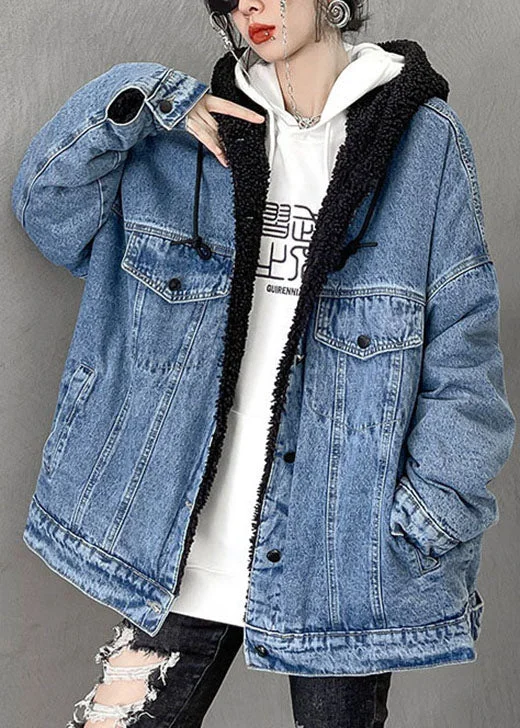 Street Personality Style Luxury Denim Blue Pockets Patchwork Thick Winter Jacket