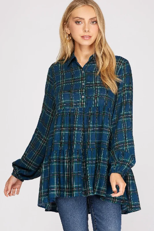 Street Sports Style TEAL BLUE PLAID COLLARED LONG SLEEVES BUTTON DETAILED TUNIC TOP S8SY1764