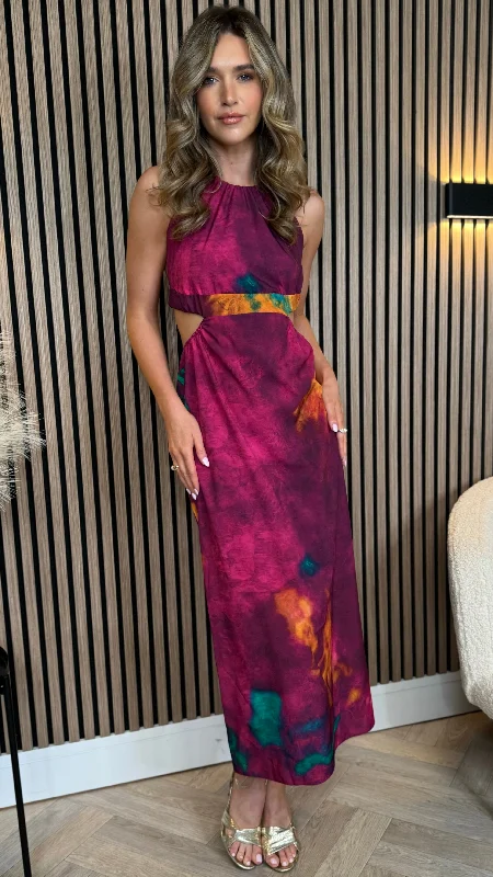 Sweet Pink Color Ashlyn Purple Printed Halterneck Midi Dress