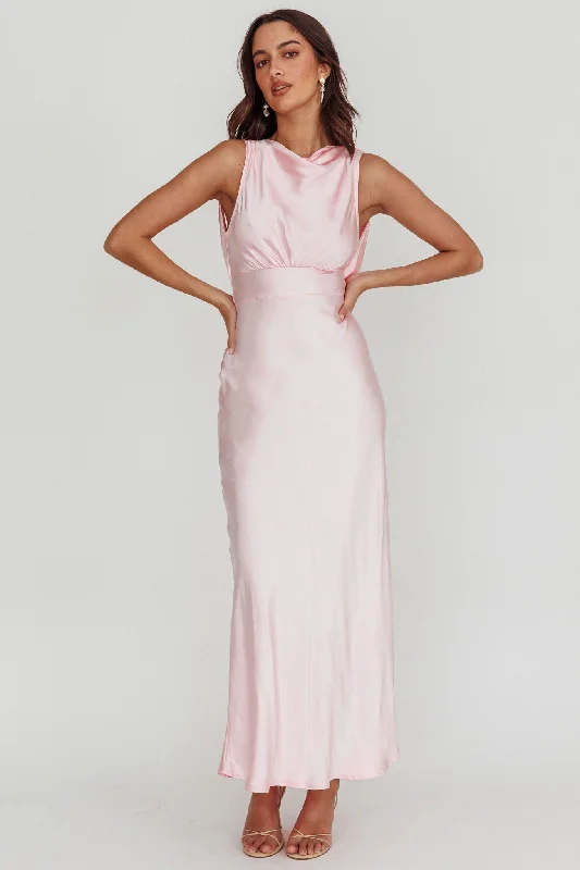 Retro Style Isabella Satin Backless Maxi Dress Pink