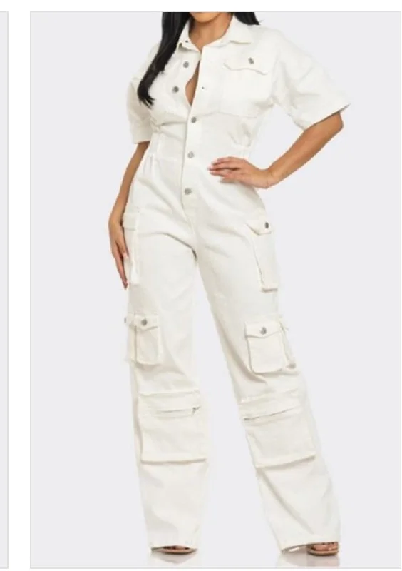 Street Sports Style Night life white denim jumpsuit
