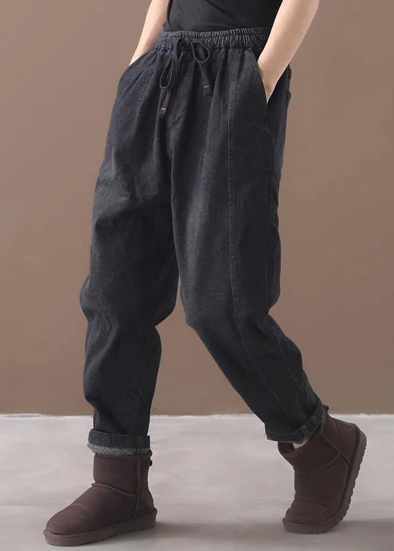 Retro Elegant Style winter new denim black loose pants drawstring thick women trousers Retro Elegant Style winter new denim black loose pants drawstring thick women trousers