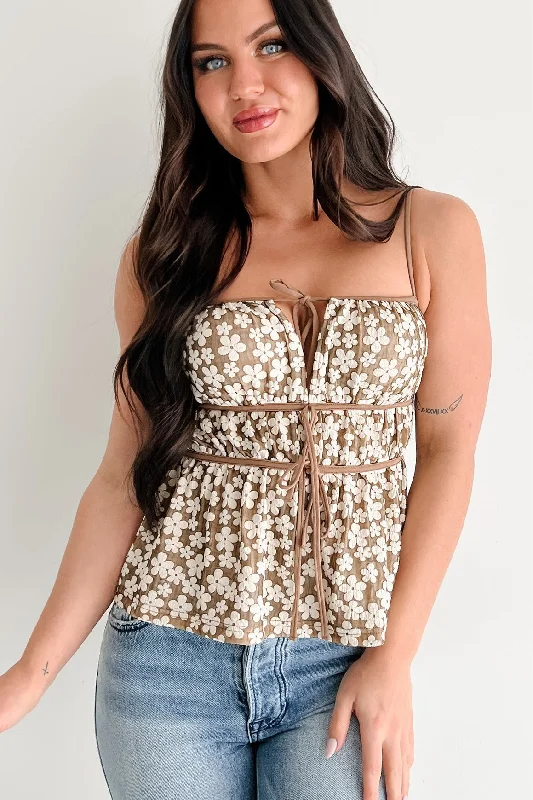 Alice style Blooming Wildly Front Tie Gathered Floral Top (Taupe/Beige)