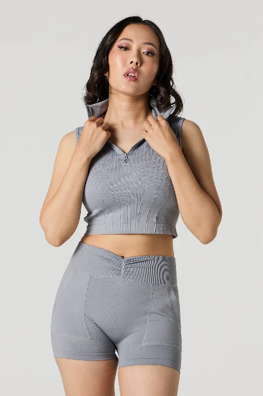 Sweet Korean Style Active Seamless Ribbed Half Zip Cropped Tank