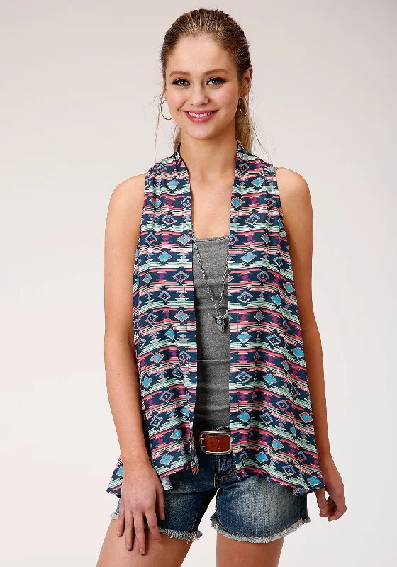 Sweet Small Flower Pattern Roper Womens Blue/Pink Rayon/Nylon Aztec Cardigan