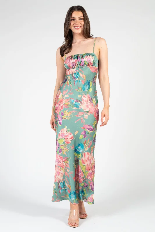 High waist design Acacia Satin Floral Maxi Dress