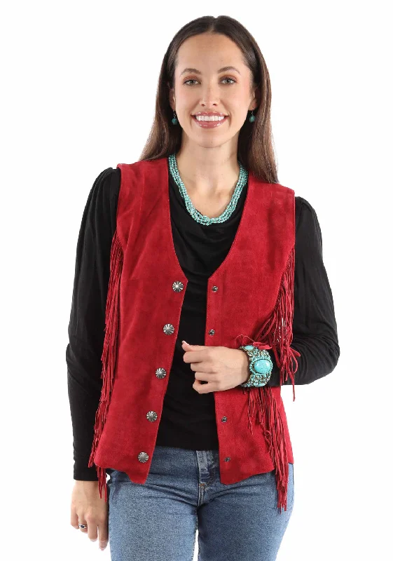 Retro Literary Style Scully Womens Snap Front Fringe Red Suede Leather Leather Vest L Retro Literary Style Scully Womens Snap Front Fringe Red Suede Leather Leather Vest L