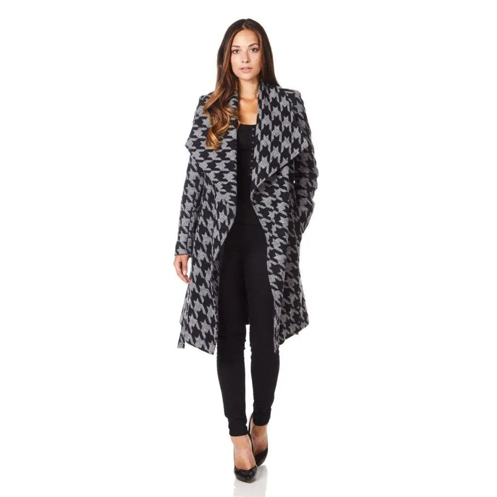 Retro Lace Fabric De La Creme - Womens Dogtooth Grey Duster Coat