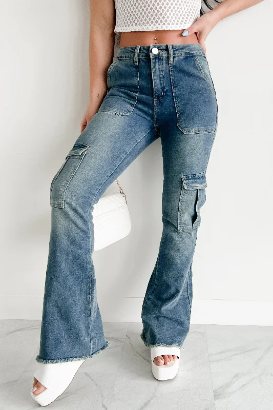 Fashion Style Rome High Rise Cargo Flare Indigo Reign Jeans (Medium)
