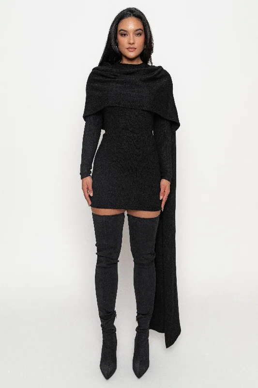 Cool Style Black Scarf Draped Mini Dress