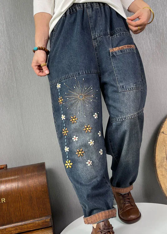 Boutique style Plus Size Blue Embroideried Pockets denim Pants Spring