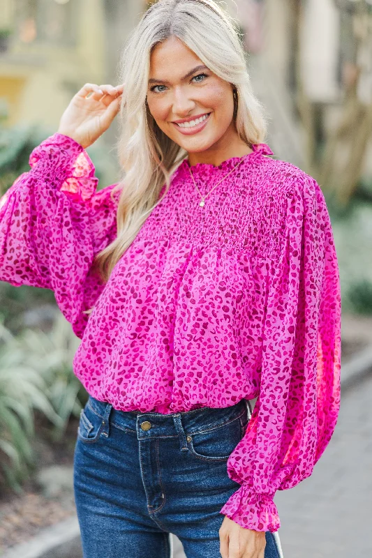 Sweet Lace Design Check You Out Magenta Purple Leopard Blouse