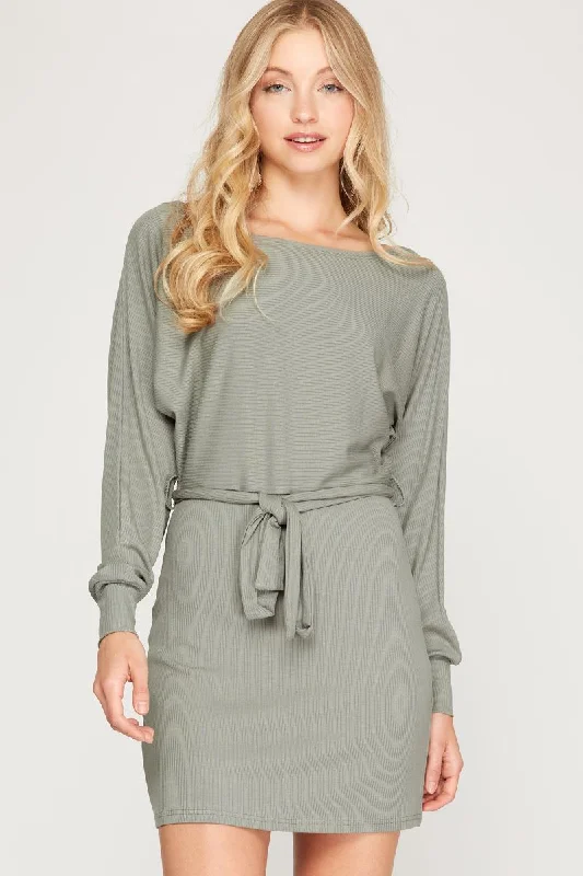 Street Style SLATE RIB KNIT DOLMAN LONG SLEEVES SASH WAIST MINI DRESS SS6213