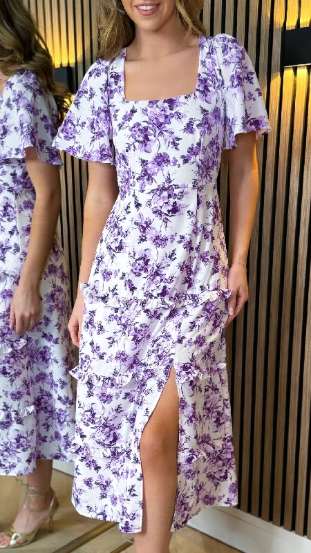 Urban Fashion Indigo Purple Printed Frill Midi Dress