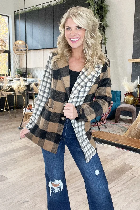Black And White Style Multi Plaid Button Blazer