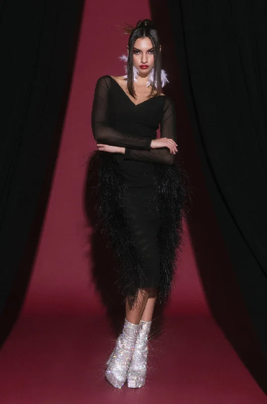 Street Vertical And Horizontal Design IN MY TRAIL MESH REAL FEATHER MIDI DRESS