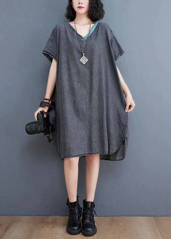 Street Fashion Style Boutique Black V Neck Patchwork low high design Denim Dresses Short Sleeve Street Fashion Style Boutique Black V Neck Patchwork low high design Denim Dresses Short Sleeve