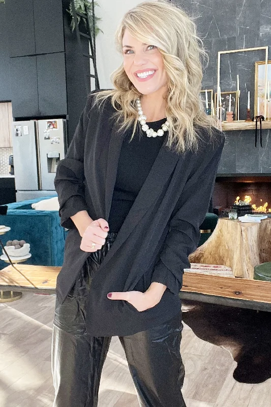 Leisure And Entertainment Black Ruched Sleeve Open Front Blazer