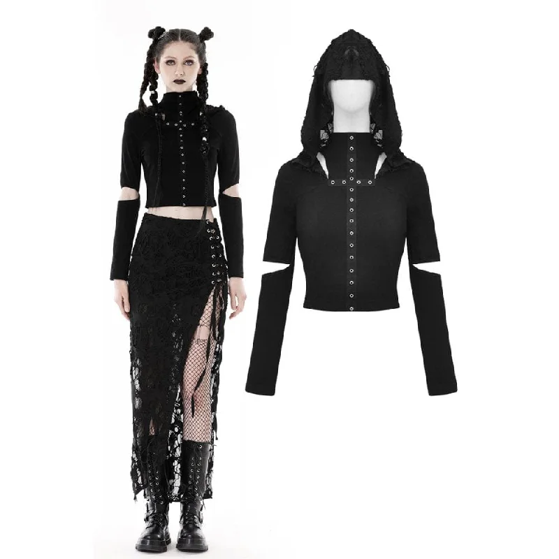 Sports Comfort Style Women's Punk Cutout Eyelet Crop Top with Ripped Hood