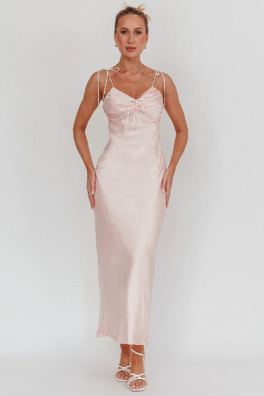 Sweet Unique Design Slow Burn Tied Shoulders Satin Maxi Dress Pink