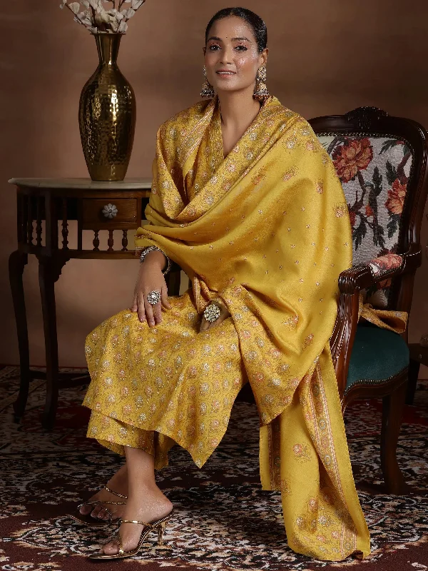 Sports Express Mustard Printed Silk Blend Straight Suit With Dupatta