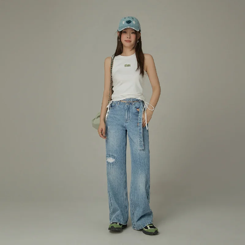 Retro Lace Fabric Heart Belt Waist Slit Ripped Denim Jeans