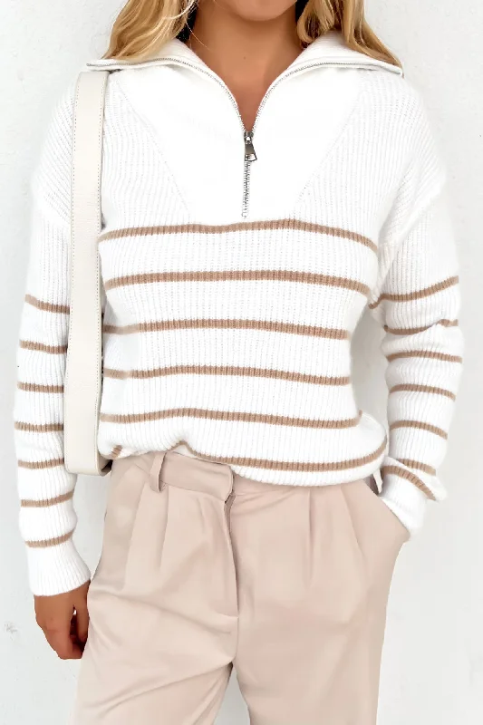 Sweet Pink Color Rachael 1/4 Zip Knit Jumper White Camel Stripe
