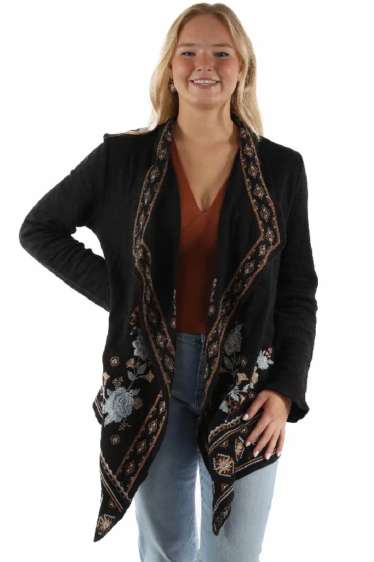 Sports Jacket Scully Womens Embroidered Waterfall Front Black 100% Cotton Cardigan Sweater Sports Jacket Scully Womens Embroidered Waterfall Front Black 100% Cotton Cardigan Sweater