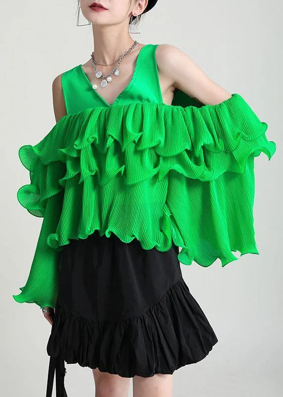 Fashionable sports Fashion Green Asymmetrical Design Ruffled Cold Shoulder Chiffon Top Long Sleeve