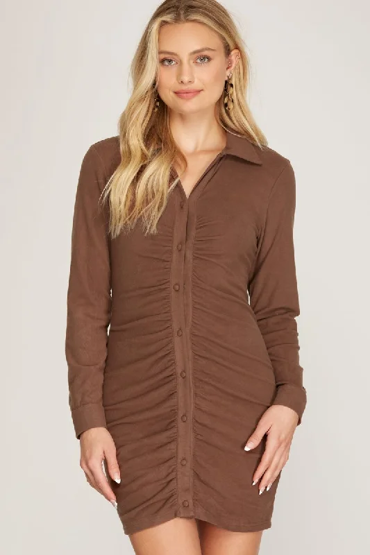 Renaissance Style MOCHA BRUSHED STRETCH KNIT BUTTON DOWN SHIRRED SHIRT MINI DRESS SS8731 Renaissance Style MOCHA BRUSHED STRETCH KNIT BUTTON DOWN SHIRRED SHIRT MINI DRESS SS8731
