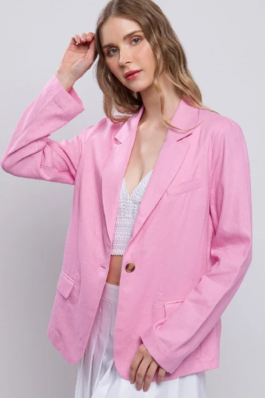 Street Letter Style Love Tree One-Button Long Sleeve Linen Blazer