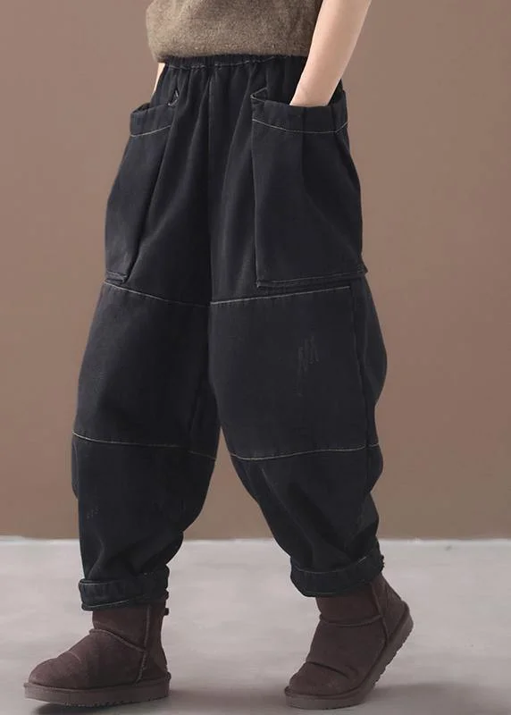 Sweet Stand-Up Collar Style 2025 winter black patchwork cotton pants two pockets thick denim pants Sweet Stand-Up Collar Style 2025 winter black patchwork cotton pants two pockets thick denim pants