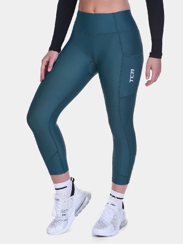 Sports Tights Padded Capri Cycling Leggings For Women With Reflective Strips & Side Pocket Sports Tights Padded Capri Cycling Leggings For Women With Reflective Strips & Side Pocket