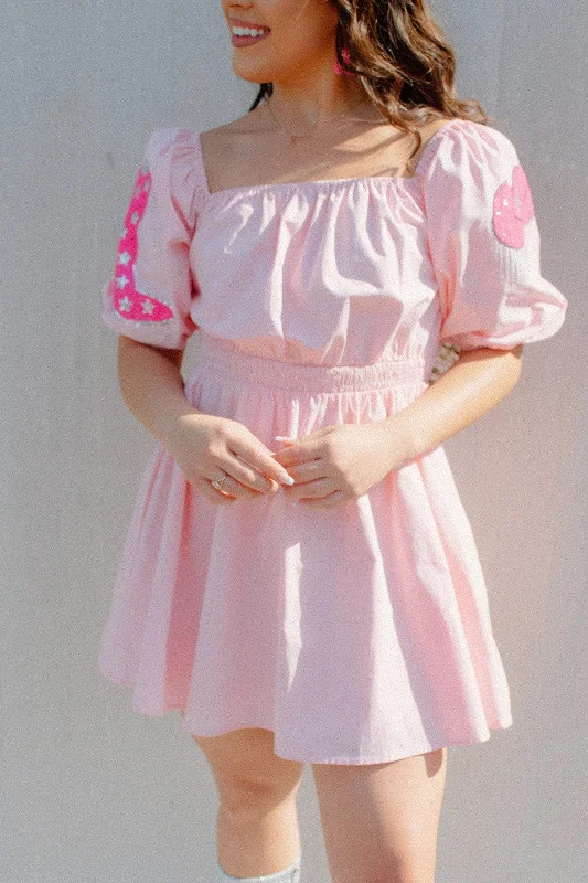 Literary Style Pink Sequin Western Patch Babydoll Dress
