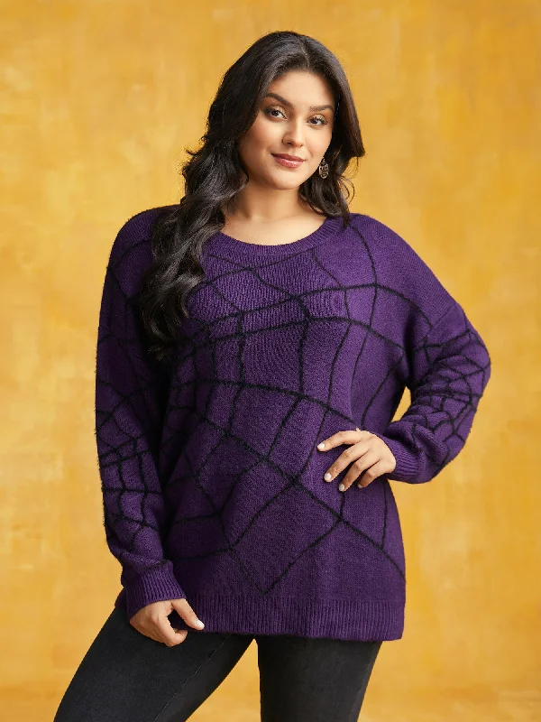 Sweet Modified Style Textured Spider Web Crew Neck Pullover