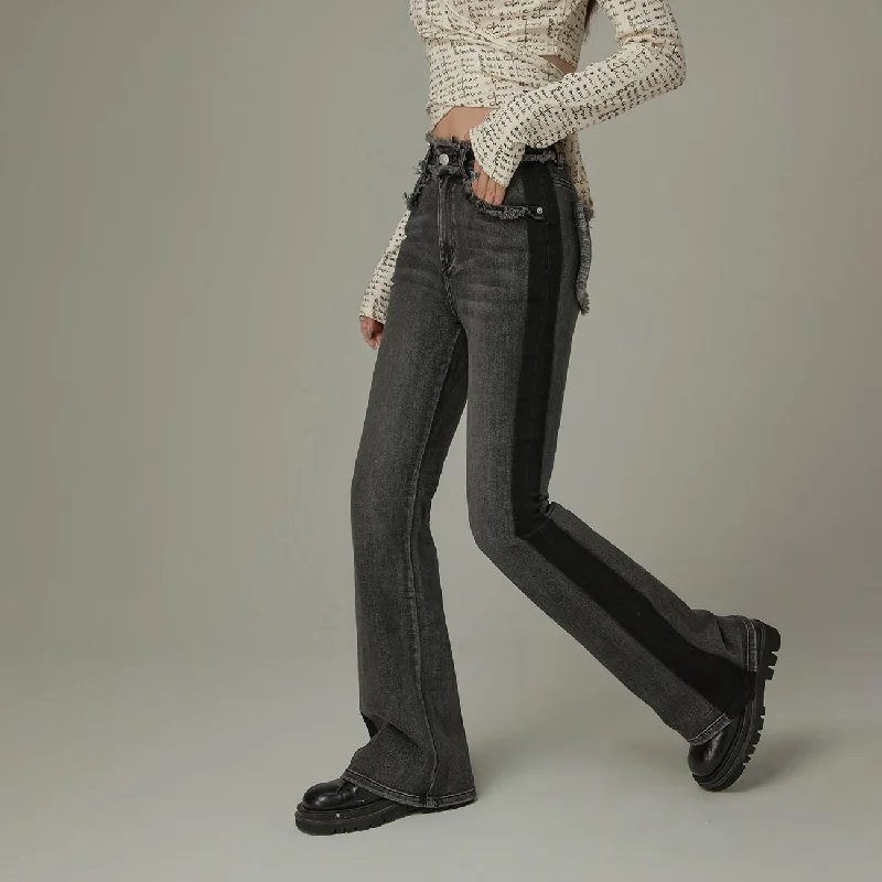 Sweet Stand-Up Collar Style High Waist Frayed Bootcut Denim Jeans