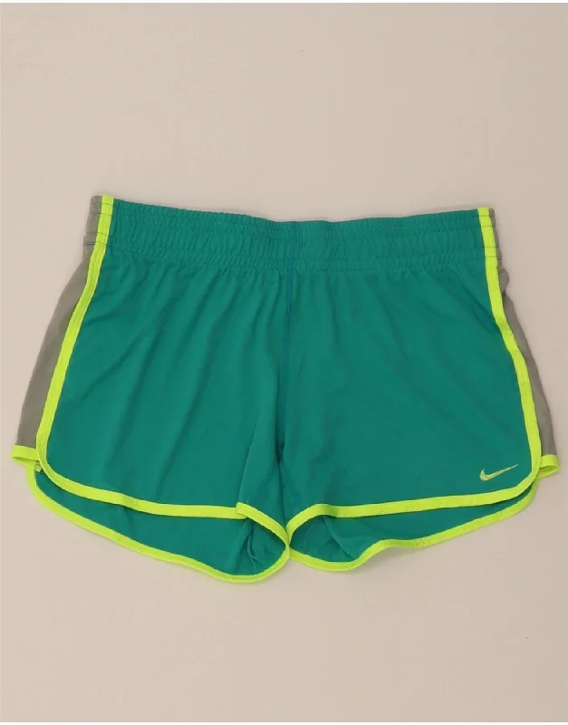 Hip-Hop Style NIKE Womens Dri Fit Sport Shorts UK 10 Small Green Colourblock Polyester Hip-Hop Style NIKE Womens Dri Fit Sport Shorts UK 10 Small Green Colourblock Polyester