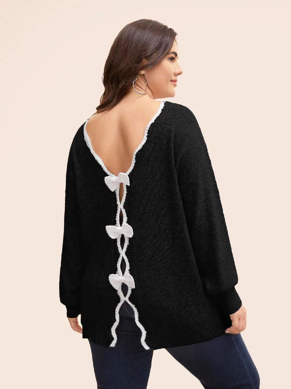Fashion Style Round Neck Bowknot Cut Out Pullover