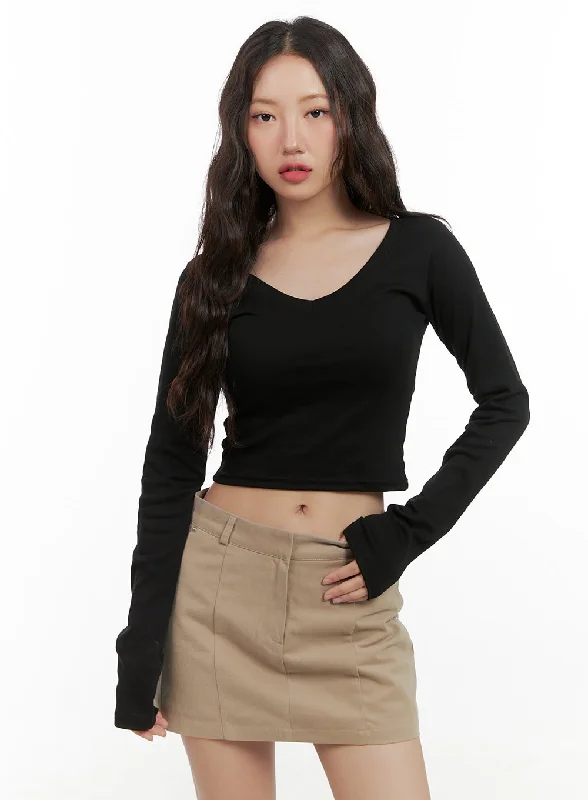Sweet Korean Style Cotton V-Neck Crop Long Sleeve Top CG422