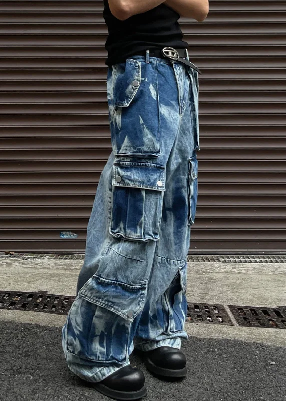 Letter embroidery Cool Blue Button Pockets High Waist Denim Men Pants Summer