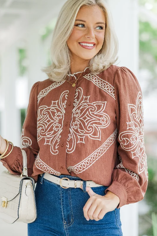 Retro Lace Fabric Western Discovories Mocha Brown Embroidered Blouse