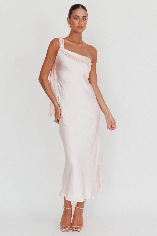 Boutique display Carmel One-Shoulder Sash Maxi Dress Blush