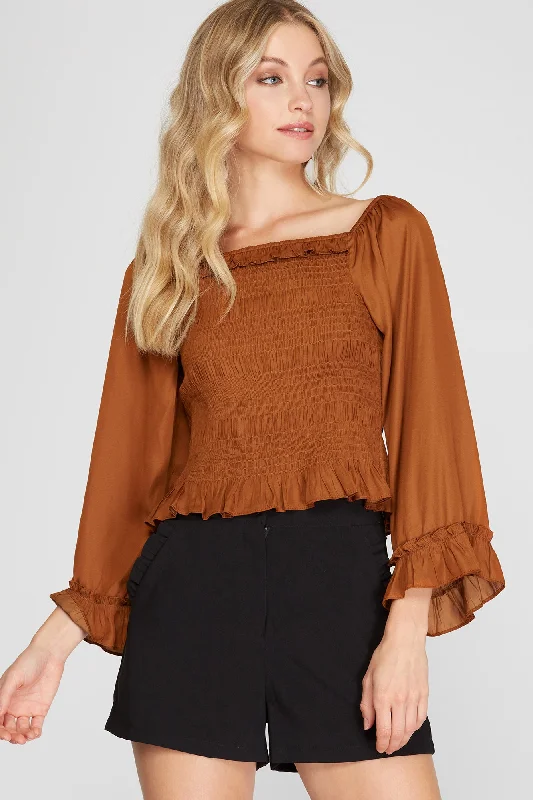 Hip-hop Style CARAMEL 3/4 SLEEVES SATIN SMOCKED TOP S8SS7969