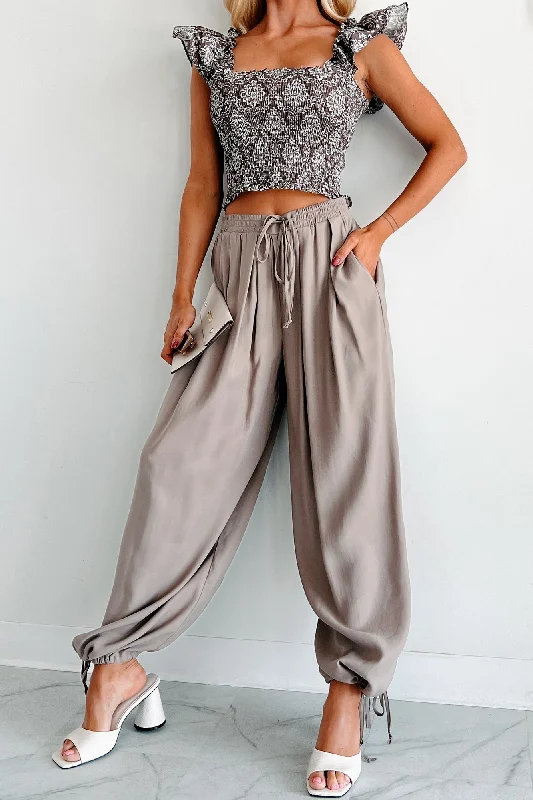 Retro Stripes Modern Dreams Drawstring Cuff Balloon Pants (Taupe)