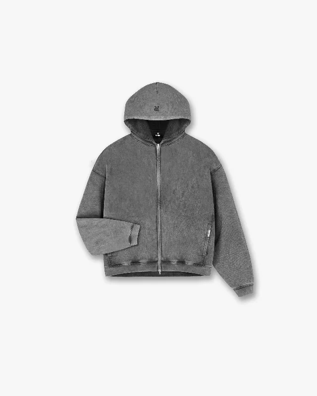 Retro Style Initial Boxy Zip Through Hoodie - Vintage Grey