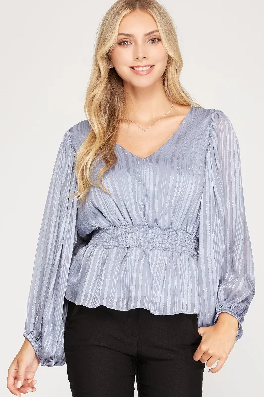 Style Design MISTY BLUE STRIPED JACQUARD SMOCKED WOVEN TOP S5SS7908